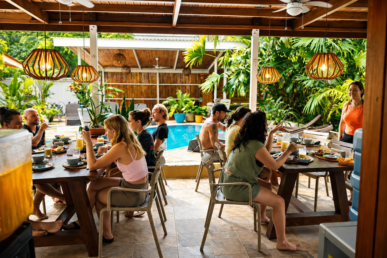 Breakfast on open-air dining terrace at Sanctuary Puerto Viejo